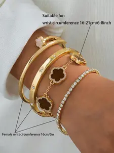 Elegant Luxury Bracelet Set for Women, and Clover Design, Sparkling Light Luxury, 4 Pcs Bangle Jewelry Collection Stackable Bracelet Set