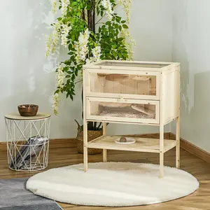 3-Tier Wooden Hamster Cage Mice and Rat Cage Small Animals Hutch with Openable Top, Front Door, Shelf, Natural Wood