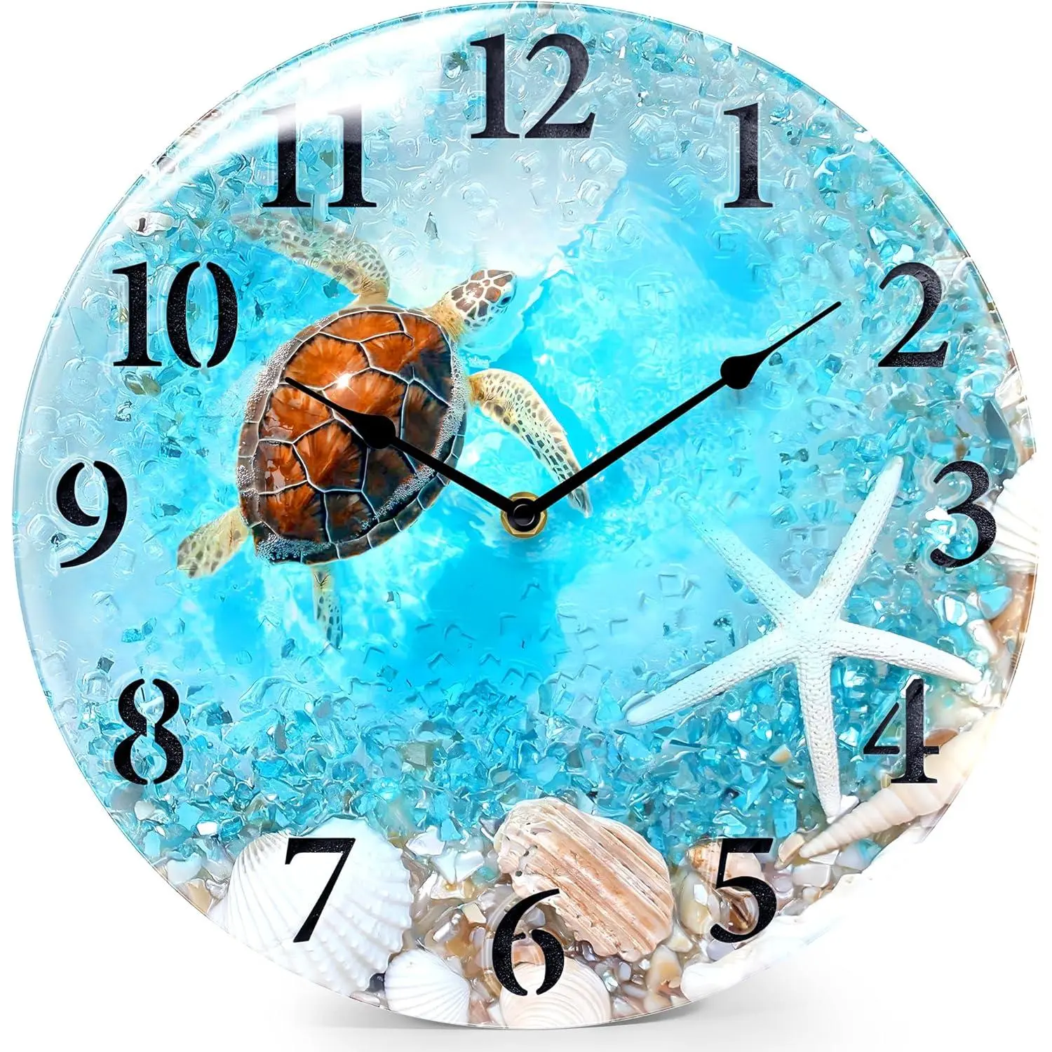 Coastal Nautical Glass Wall Clock with Seashell Design and  Theme -  Operated Silent Wall Decor for Home, Kitchen, Living Room, Office, Bedroom, or Bathroom (12 Inch,Blue)