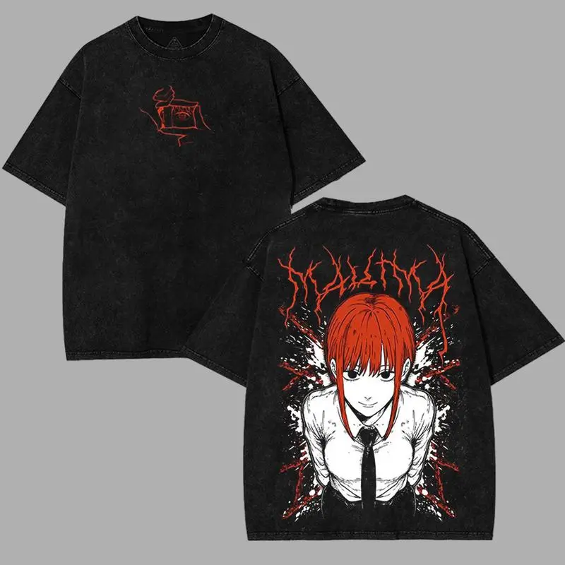 valentine shirts Chainsaw Man Makima Control Devil villains v6 Washed T-shirt Double-Sided Print, Anime Manga Washed Shirt Graphic tees Cotton streetwear vintage unisex merch