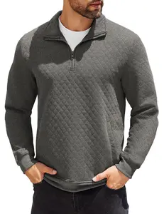 COOFANDY Mens Quarter Zip Pullover Quilted Sweatshirt Knit Long Sleeve Mock Neck Sweater Polo with Pocket