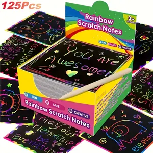 125Pcs Magic Scratch Paper Scratch Rainbow Art Paper Scratch Painting Kit With 2 Wooden Sticks Birthday Party Holiday Gift Amazing Gift Halloween Christmas New Year Gift Mini Art Notes Party Favors Unique Gift for Boys Girls Rainbow Accessories