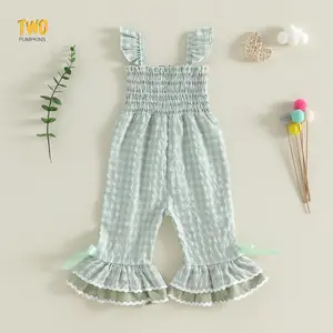 Baby Girls Jumpsuit Ruffle Sleeveless Smocked Bust Plaid Print Romper Toddler Bell Bottoms