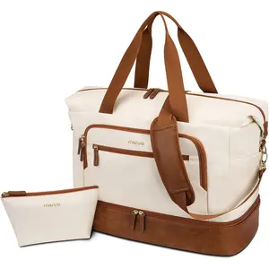 MOSISO Women's Gym Duffle Bag, Travel Weekender Overnight Carry-On with Toiletry Pouch, Shoe Compartment, Wet Pocket & Front Pocket for Fitness, Yoga (Beige)