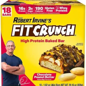 Robert Irvine's FITCRUNCH Chocolate Peanut Butter High Protein Baked Bar 16g Protein 5ct Gluten Free Kosher Individually Wrapped 18 Bars