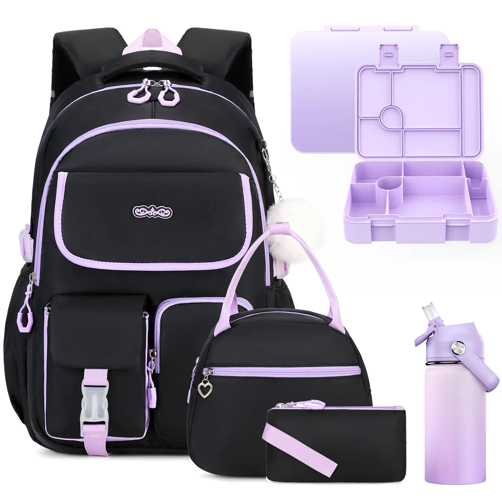 SIMILOVE 5-Piece Girls Backpack Set with Insulated Lunch Box, 14oz Water Bottle & Pencil Case, Cute Waterproof School Bag for Elementary Back to School, Back To School Shopping, Backpacks For Kids, Pencil Pouch