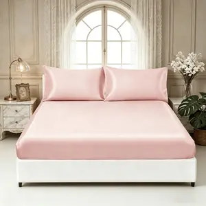Solid Color Satin Bed Sheet 3-Piece Set, includes 1 fitted sheet and 2 pillowcases, all-season use, polyester fabric, Silky Bedding Sheets