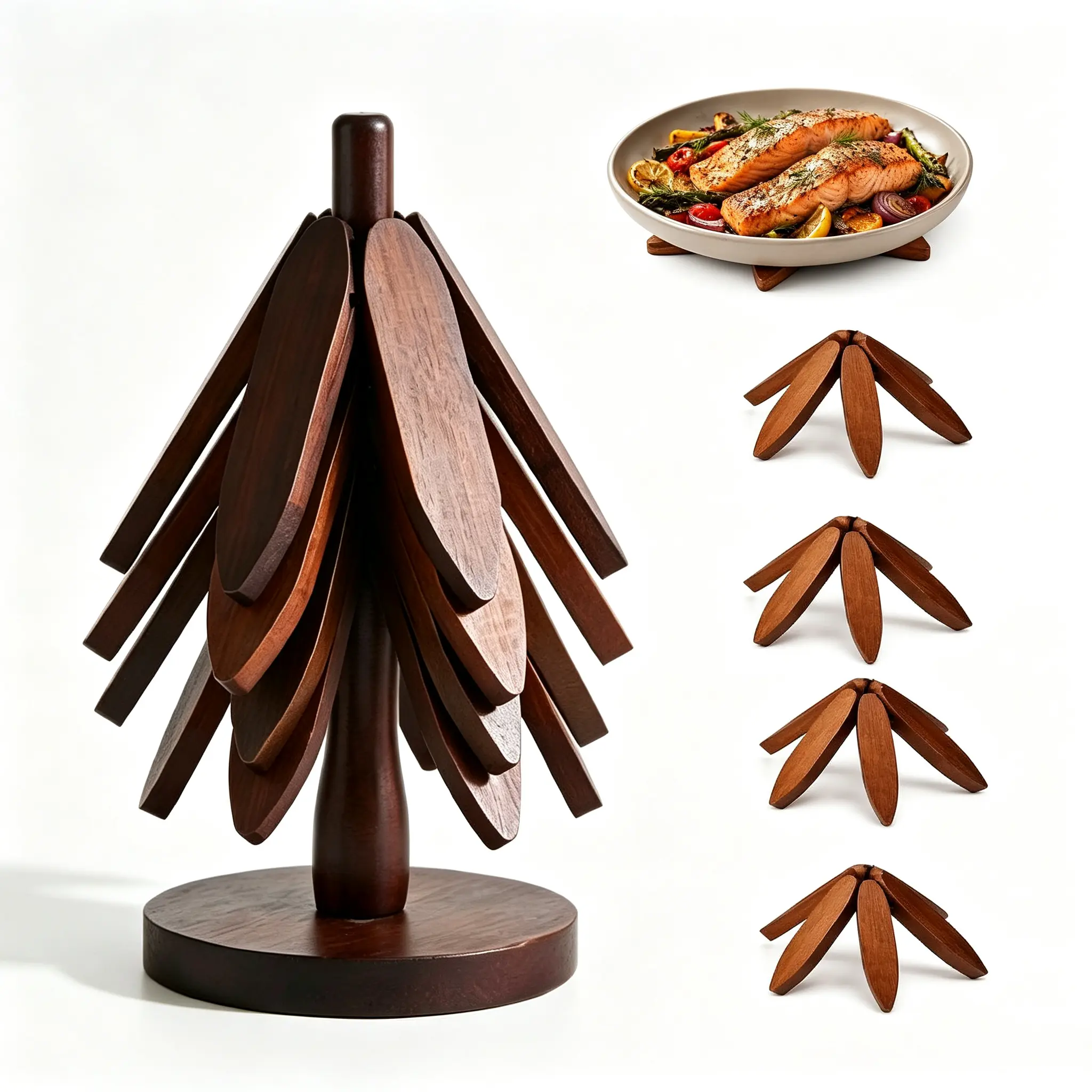 Black Walnut Tree-Shaped Wooden Trivet Set - 4-Leaf Pads with Stand, Heat-Resistant Stackable Home Supply, Solid Wood Protection for Hot Pots, Coffee Table Countertop Protector, Decorative Coaster, Housewarming Gift for Home Organizers