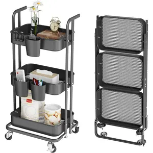 3 tier foldable rolling cart metal utility cart with lockable wheels folding storage trolley 3 small baskets and 6 hooks for living room kitchen bathroom bedroom and office black