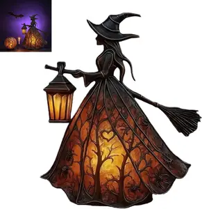 Halloween Witch Lamp Gothic Stained Glass LED Witch Hat Night Light Spooky Handmade Table Lamp for Home Decor Haunted House Centerpiece Halloween Party Indoor Outdoor Decor (1PCS)