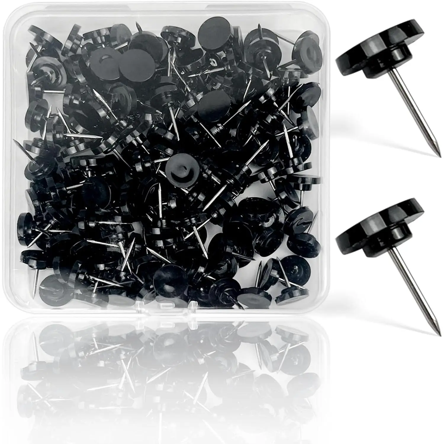 150 count Flat Push Pins - Black & Clear Thumb Tacks for Wall, Cork Board, Bulletin Board, and Shadow Box Display