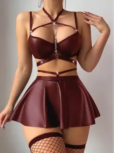 5pcs Set: Sexy PU Leather Chain Halter Bra Top, Mini Skirt, Fishnet Stockings