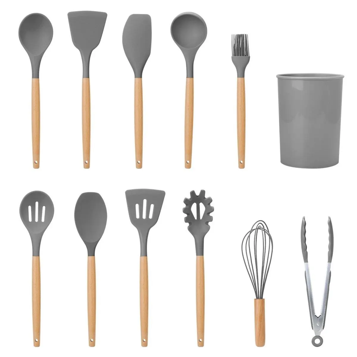 212 MAIN 11-Piece Silicone Cooking Utensil Set - Heat-Resistant Wooden Handles, Seamless Carbon Steel Core, Cookware Accessories (Spatula, Turner, Ladle, Spaghetti Server, Tongs, Egg Whisk) for Protecting Non-Stick Cookware, Kitchen Use, Protect Non-Stick