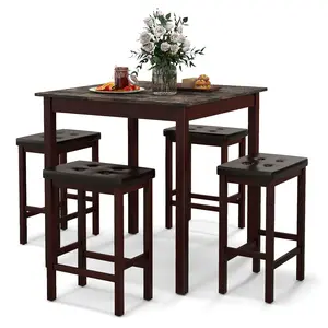 COSTWAY - 5-Piece Bar Table Set Counter-Height Dining Table and 4 Bar Stools-Brown