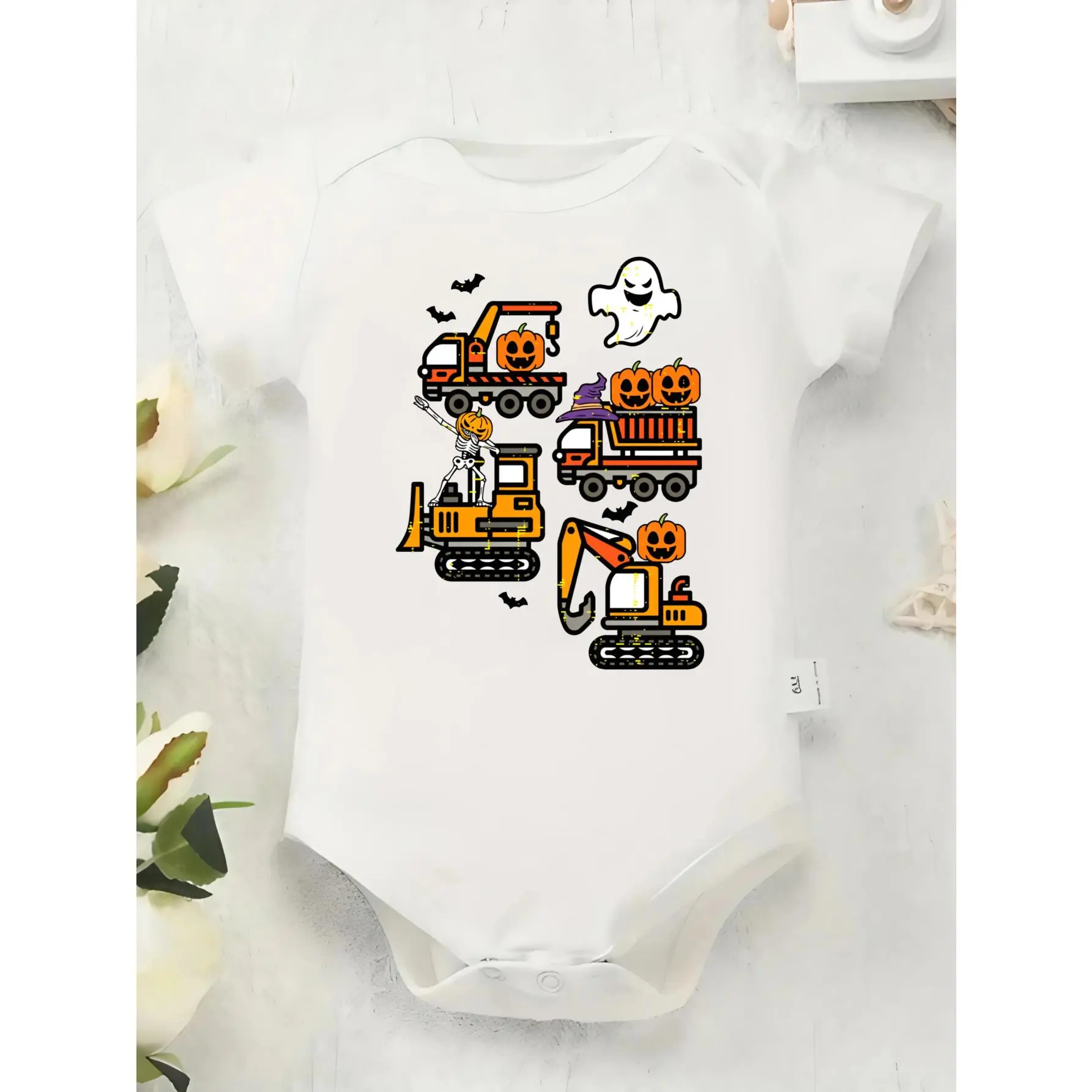 Unisex Baby Halloween Bodysuit - Construction Vehicles, Pumpkin, Ghost, Skeleton Prints, Button Detail, Regular Fit, Knitted Fabric, All Seasons, Onesies for Babies, 0-12 Months, Short Sleeve, Construction Theme