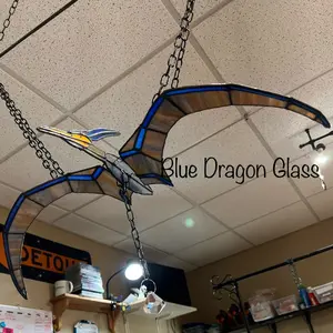 Blue Dragon Glass, glass, solder, copper foil, chain, hangs from ceiling, flying pterodactyl, art piece. Decor Hanging Ornaments Hangable Decoration