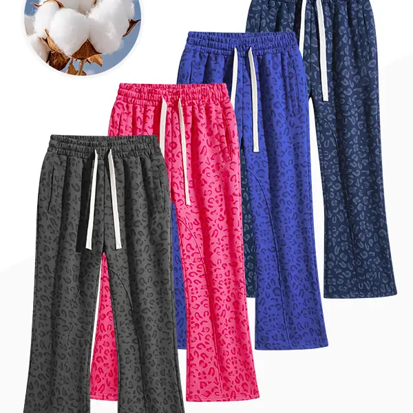 Women’s leopard-print jogger sweatpants with drawstring, high waist, loose fit, flared long pants, breathable and wrinkle-resistant, available in multiple colors for spring/autumn sports wear