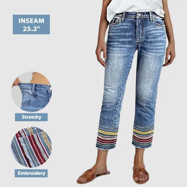 Flamingals Raw Hem Embroidery Mid Waist Straight Leg Crop Jeans Womenswear Bottoms Summer Vibes