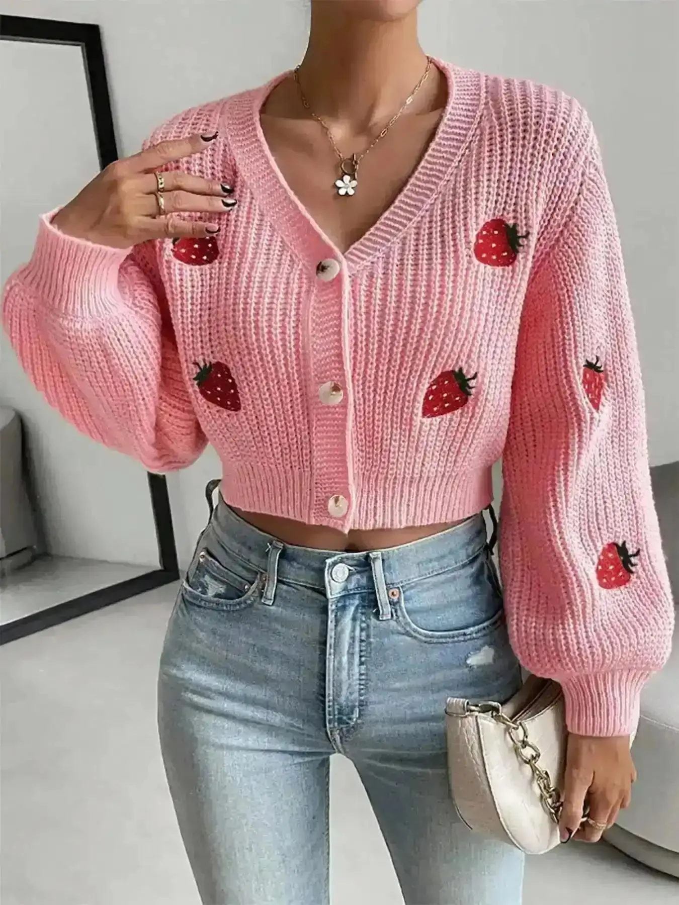 2026 Women's Strawberry Embroidery Button Front Crop Cardigan, Casual Drop Shoulder Long Sleeve V Neck Knitwear for Fall & Winter, Fashion Ladies' Knit Clothing for Daily Wear,pink cardigan