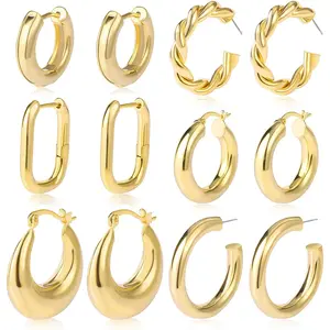 6 Pairs Gold/Silver Chunky Hoop Earrings Set for Women