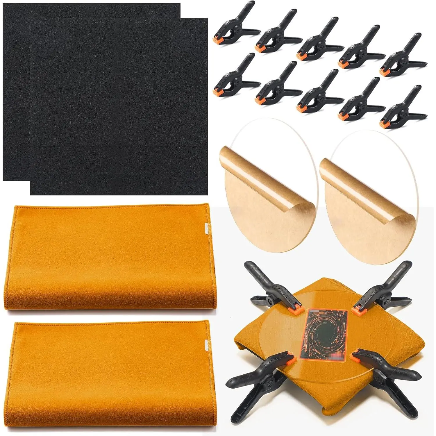 16 Pcs Trading Card Cleaning Care Tool Accessory Kit Sports Card Flattening Kit Include 2 Pcs 6 Inches Clear Acrylic Rounds 10 Plastic Clamps 2 Pad Material 2 Shammy Towel