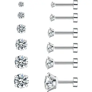 6 Pairs Hypoallergenic Cubic Zirconia Earrings Surgical Steel Flat Back Studs for Cartilage, Screw Back Fashion Jewelry