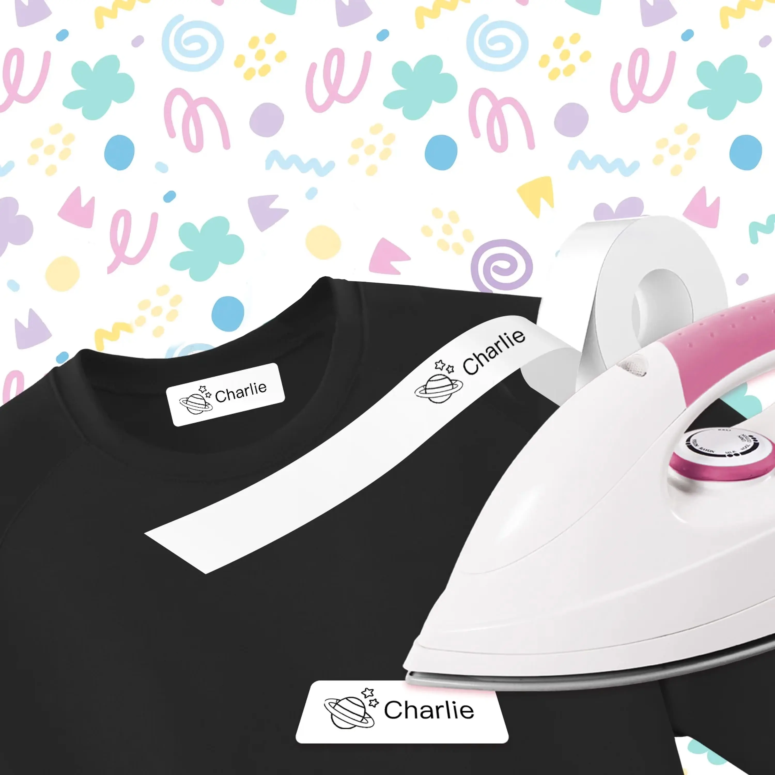 Iron-On Name Stamp Tape - White Name Stamp Tape For Black & Thin Clothes (40 Inches)