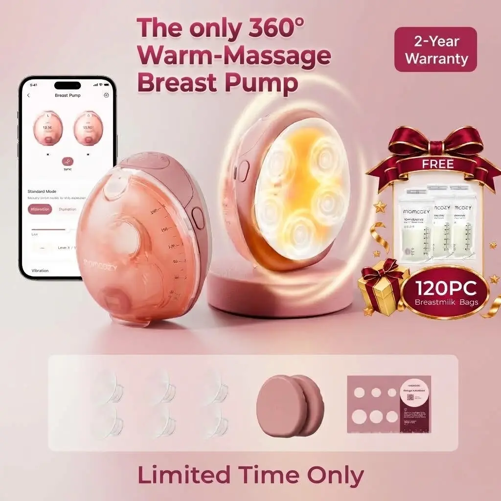 Momcozy Wellness 1 Wearable Breast Pump, Warm-Massage Hands-Free Pump with Heated Flange&Simulated Massage for Comfortable Breastfeeding&Let-Down, App-Controlled, 4 Modes 12 Levels, 180ml/6oz Milk Machine