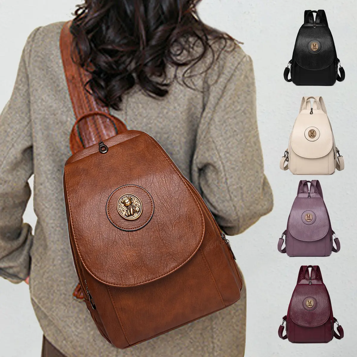 Women's Solid Vintage PU Leather Convertible Travel Backpack - Casual Daypack, Multi-Pockets, Ample Storage Space, Comfortable to Touch, Wear-Resistant, Retro Look for Daily/Travel Use