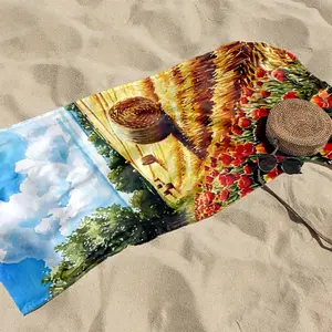 1 piece Fields of wheat and blooming red flowers scenery themed beach towel - Super soft and warm flannel blanket, suitable for beds, sofas and camping, modern design, digitally printed pattern, all-season use, 100% polyester material, non-slip