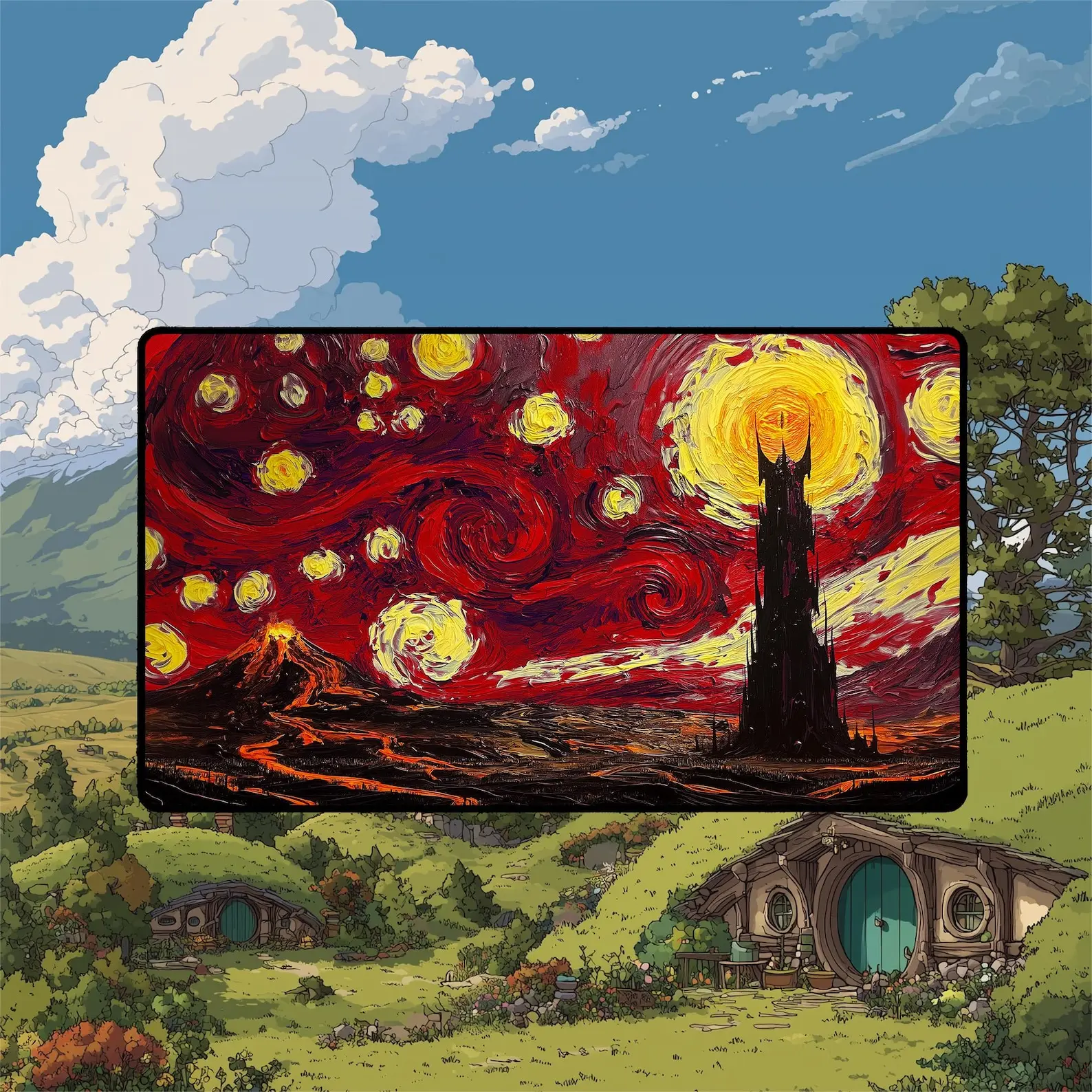Starry Mordor Playmat 24x14 32x16 Barad-dur and Mount Doom Mouse Pad Landscape With MTG Zones