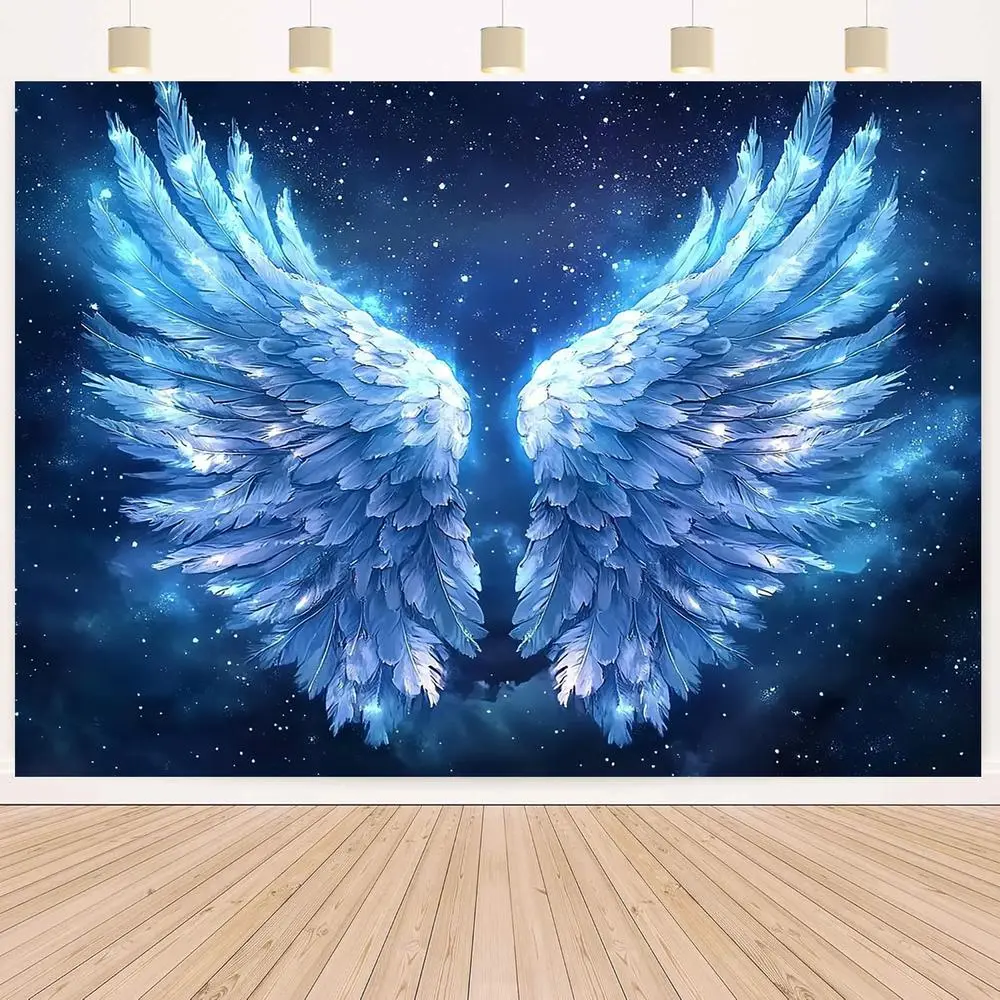 1pc Printed Glowing Blue Angel Wings Polyester Backdrop Banner - Starry Sky Design, Cosmic Theme, No Electricity Needed, Perfect for Weddings, Happy Birthday, Multi-Size Options (41.3x59in, 5in Incomplete Size Note)