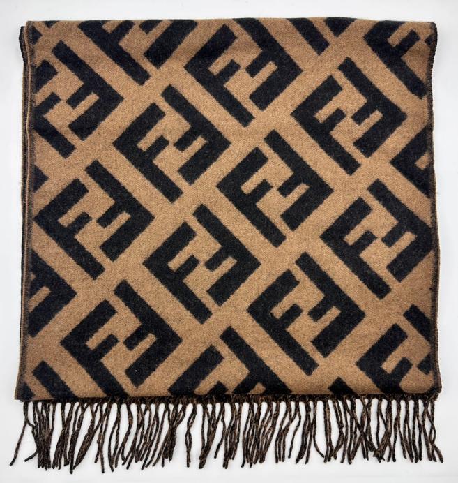 Pre-owned Fendi FF Classic Pattern 100% Cashmere Scarf Brown FFS01