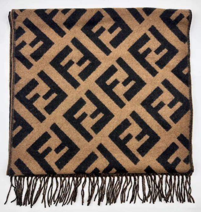 Pre-owned Fendi FF Classic Pattern 100% Cashmere Scarf Brown FFS01