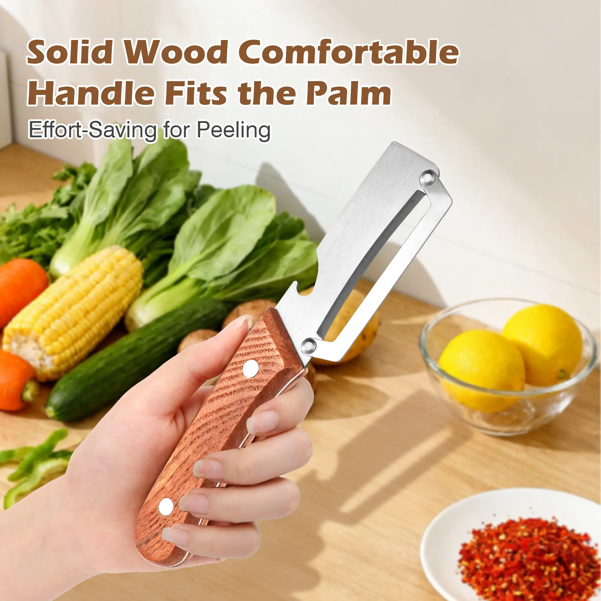 Premium 2-in-1 Peeler & Bottle Opener | Stainless Steel Blade & Wooden Handle | Perfect for Potatoes, Apples & More