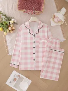 Women's All Over Plaid Print Pocket Lapel Pajama Two-piece Set, Casual Comfy Long Sleeve Button Up Top & Pants PJ Set, Ladies Sleepwear for All Seasons, Loungewear, Pajamas Sleepwear, Loungewear Nightwear Set