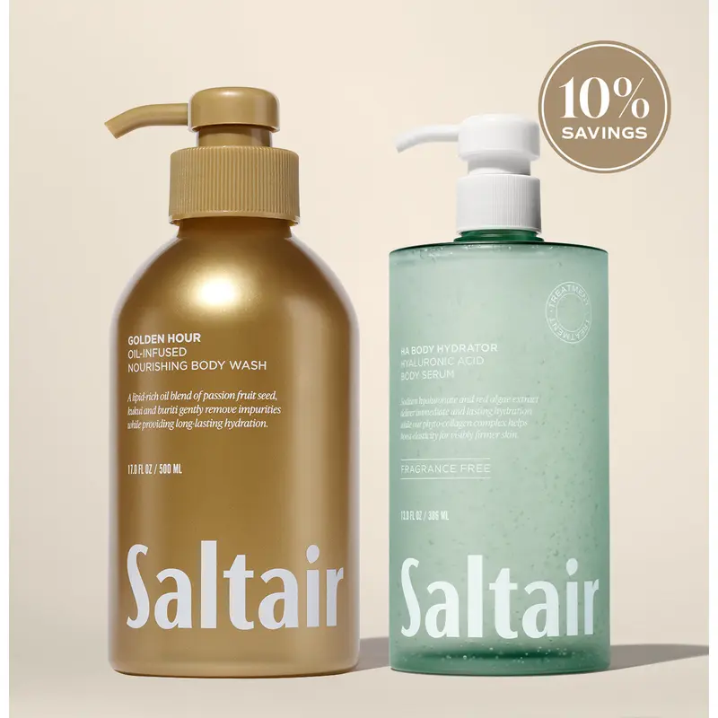 Saltair Golden Hour Cleanse & Hydrate Bundle - Golden Hour Body Wash (17 fl oz) & Hyaluronic Acid Body Serum (13 fl oz)