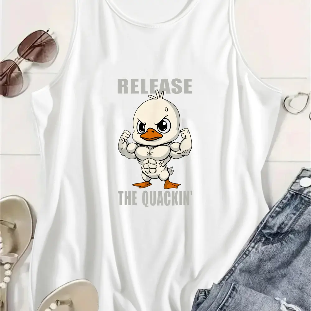 Women's Release The Quackin' Meme Duck Graphic Tank Top - Classic Crew Neck, Relaxed Fit, Stretchy Athletic Sleeveless Shirt, Fade-Resistant Polyester Mix Gym Top, Quote-Inspired Design summerwins,summerwins