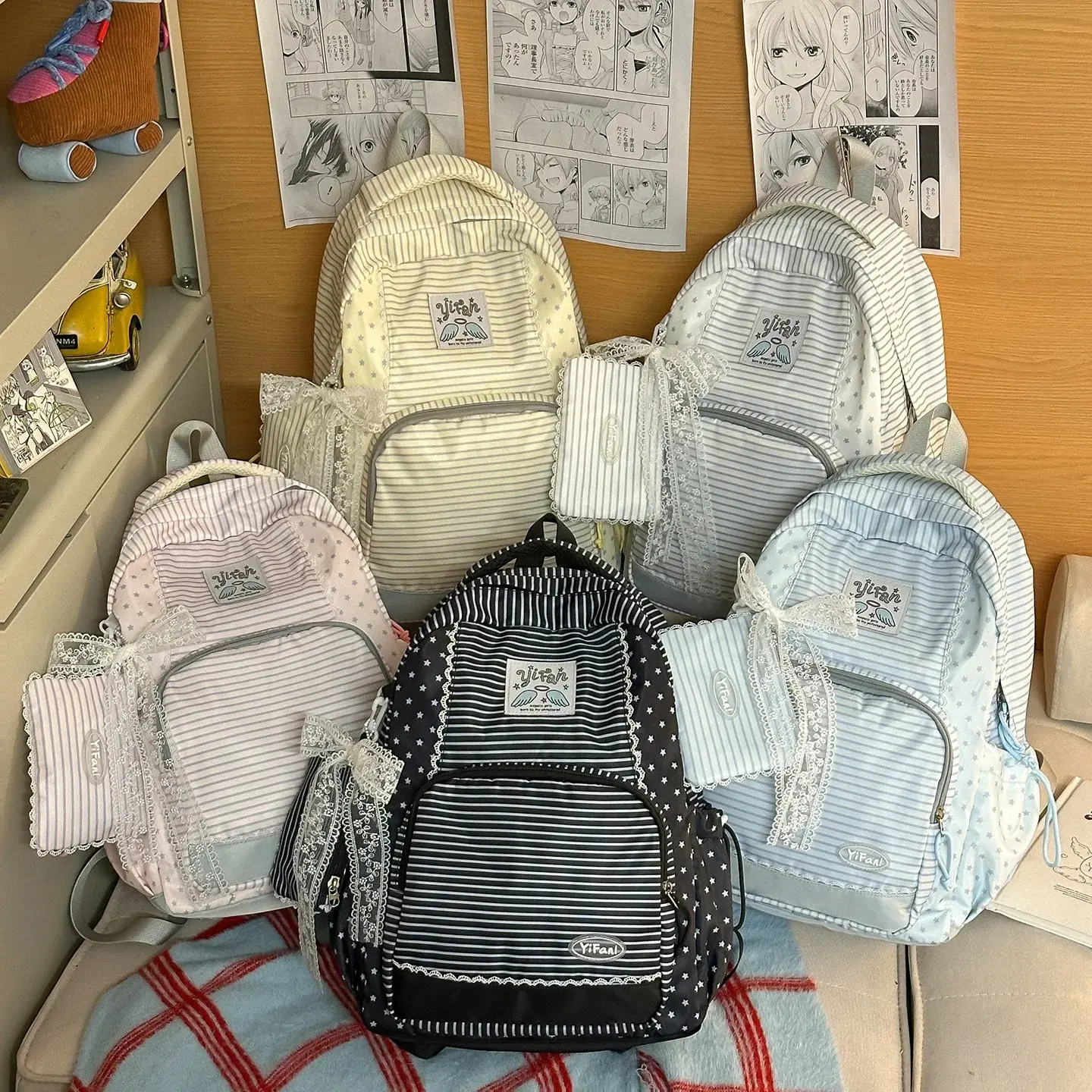 Striped and star-shaped cute student schoolbag, commuting and outdoor cute coin purse pendant, travel lightweight backpack