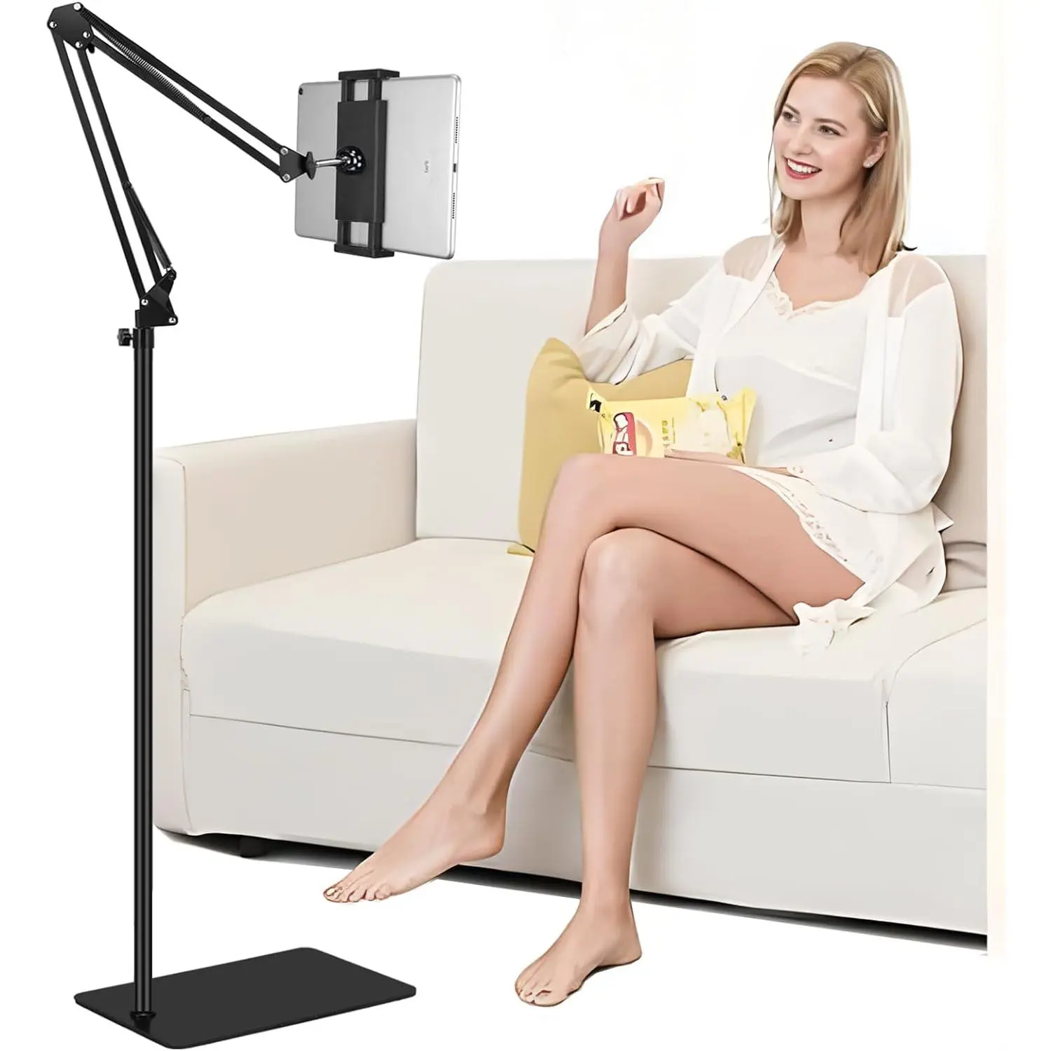 Tablet Floor Stand with Heavy Duty Base, Overhead Bed phone Stand Angle Height Adjustable Arm Stretchable Stand Holder, Compatible with iPad Mini Air Pro, Galaxy Tab, Kindle, E-Readers,Cell Phones