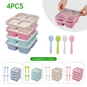 4-Piece Lunch Box Set, Reusable Snack Bento Box with Fork, Outdoor Camping Meal Container, School Office Travel Friendly, Portable Snack Box, Reusable Snack Containers, 5 Colors Available