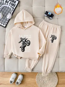 Boys' Fall & Winter Fashion Hooded Sweatshirt Set, Thick Anime Motorcycle Print Pullover, Casual Fitted Pants, Perfect Outdoor Wear