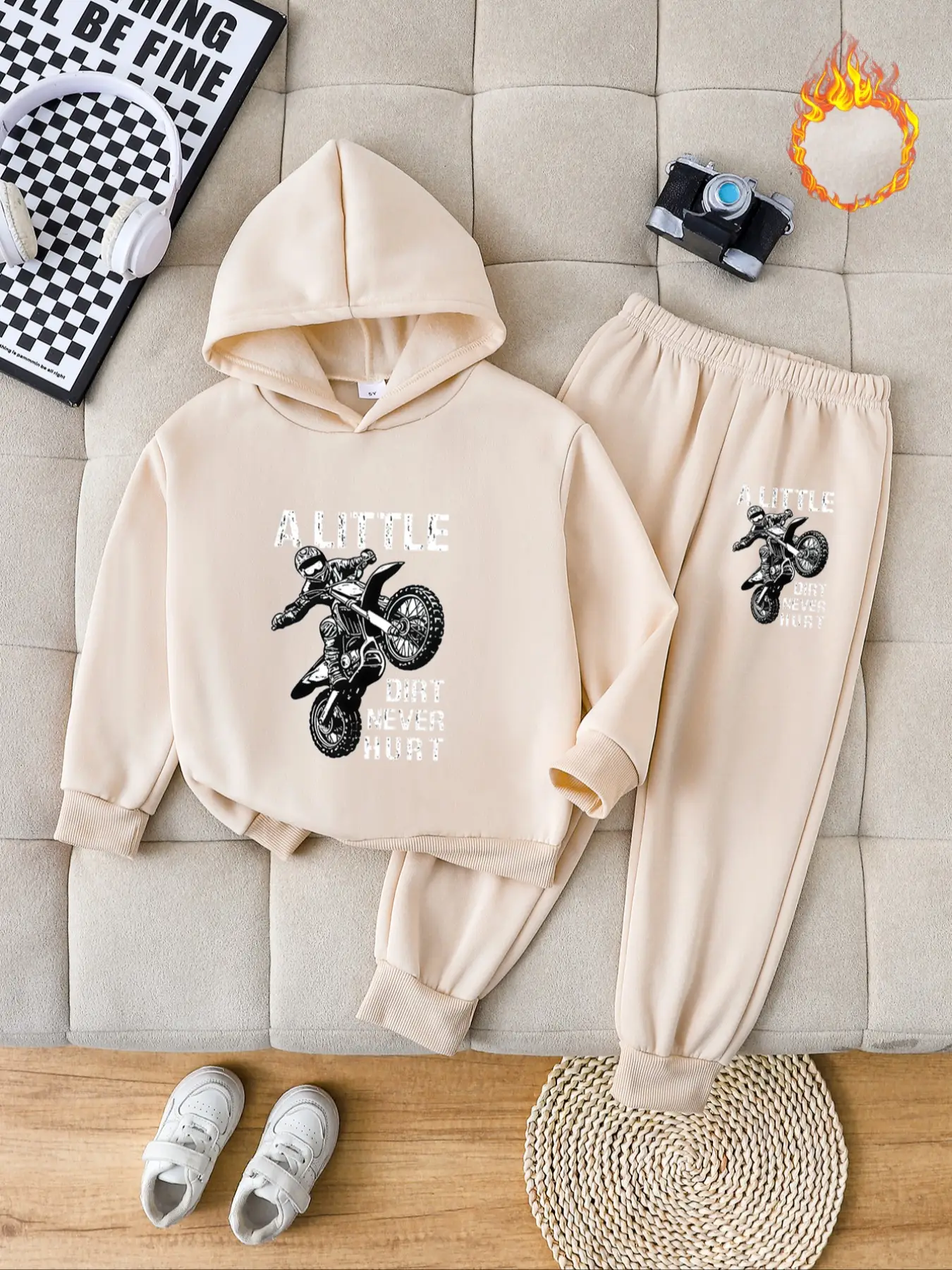 Boys' Fall & Winter Fashion Hooded Sweatshirt Set, Thick Anime Motorcycle Print Pullover, Casual Fitted Pants, Perfect Outdoor Wear