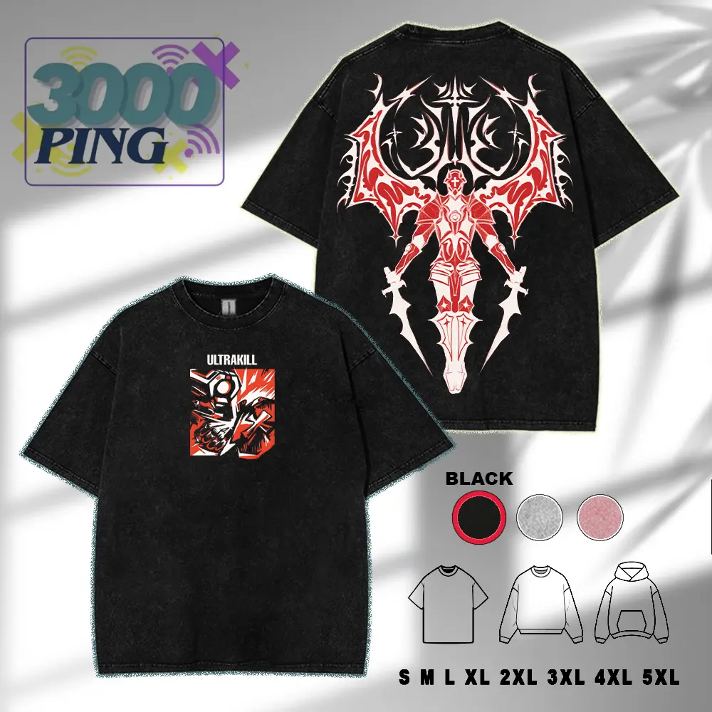 Ultrakill Gabriel Fallen Angel Gaming T-Shirt Double-sided Heavyweight Washed Fabric Cotton Graphic Tee Gamis Oversized Crewneck Streetwear Casual