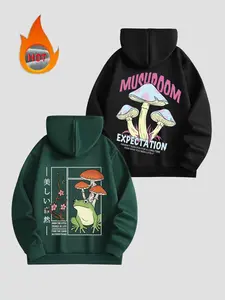 Men's Mushroom & Letter Print Drawstring Hoodie, Regular Fit Casual Thermal Lined Pocket Long Sleeve Hooded Sweatshirt, Men Clothes for Fall & Winter Daily Wear