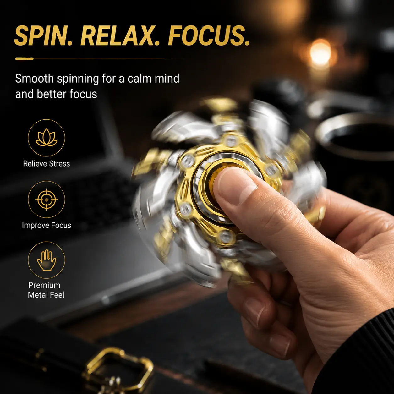 Spin Relax Focus Premium Metal-Feel Fidget Spinner for Stress Relief and Improved Focus