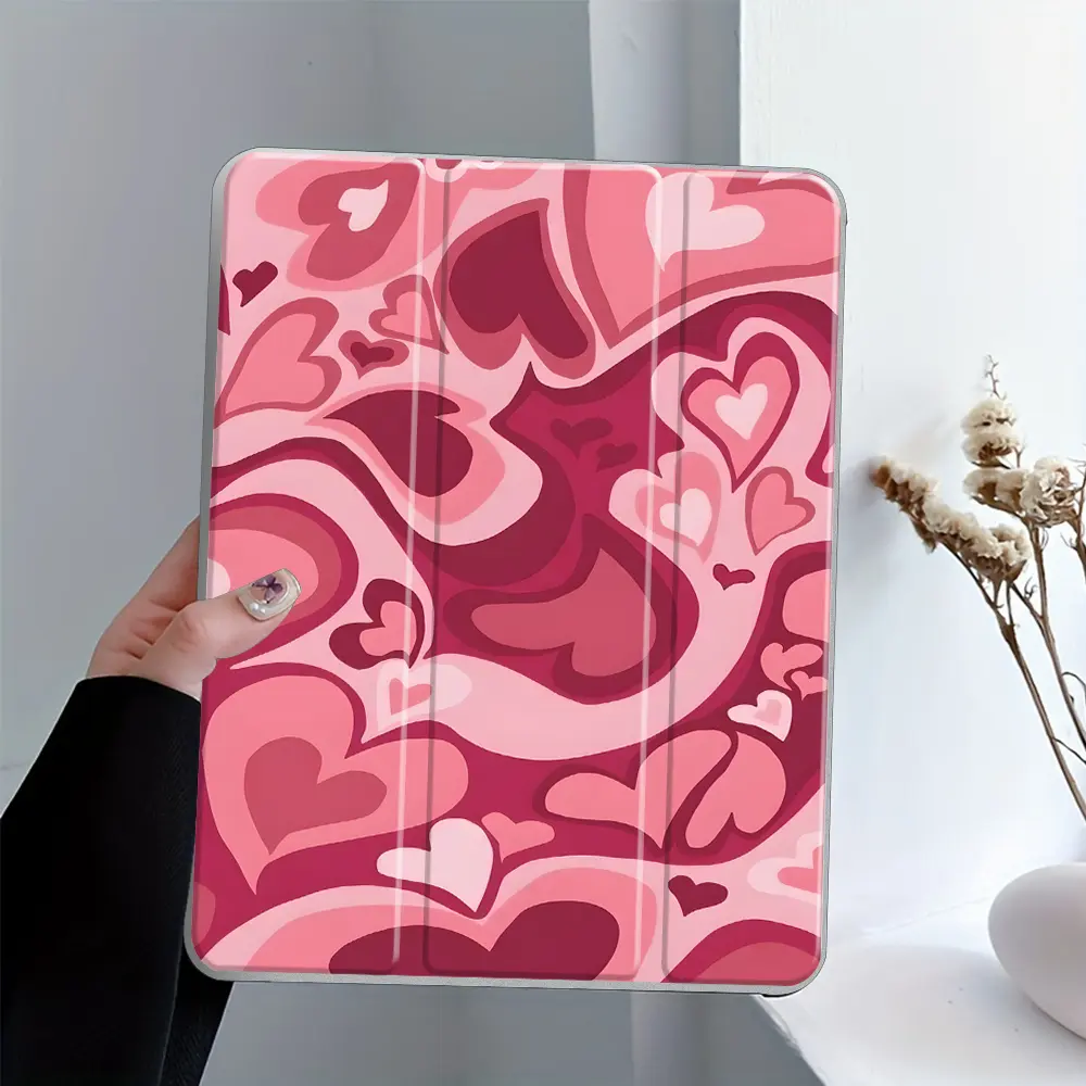 Sweet Pink Hearts Swirl iPad Case, Tablet Cover, Tablet Casing, transparent acrylic back panel, with pencil slot, Valentine Gift Idea, for ipad mini pro air, scratch resistant ultra thin, shock-resistant full cover case suitable for offices schools