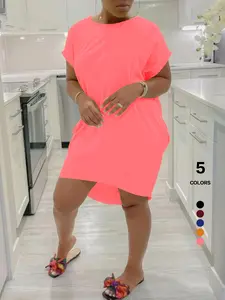 2026 large size Women's Solid Color Batwing Sleeve Hidden Pocket Tee Dress, Casual Fashionable Daily Wear, Comfortable, Soft & Stylish Design, Fit