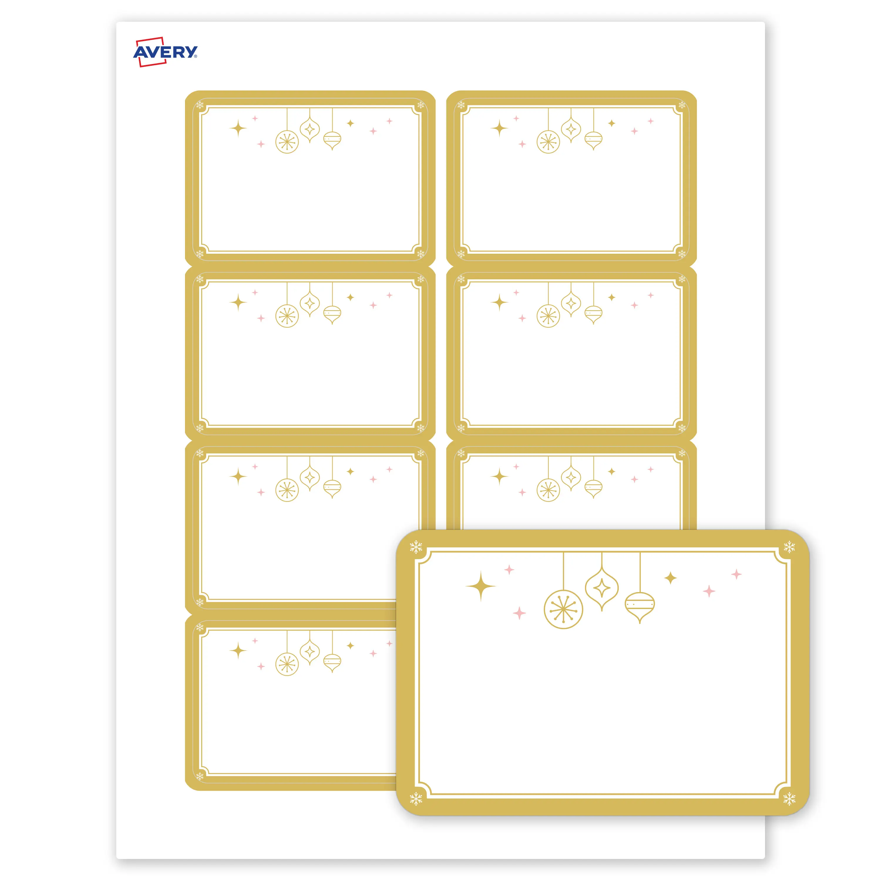Avery® Printable Christmas Adhesive Name Tags, 2-1/3" x 3-3/8", Matte White, Pre-printed Metallic Gold Hanging Ornaments Design, Laser & Inkjet Compatible, 160 Total