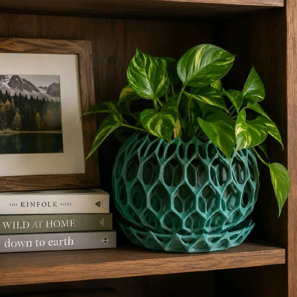 Voronoi Planter with Matching Drip Tray | Modern 3D Printed Indoor Plant Pot